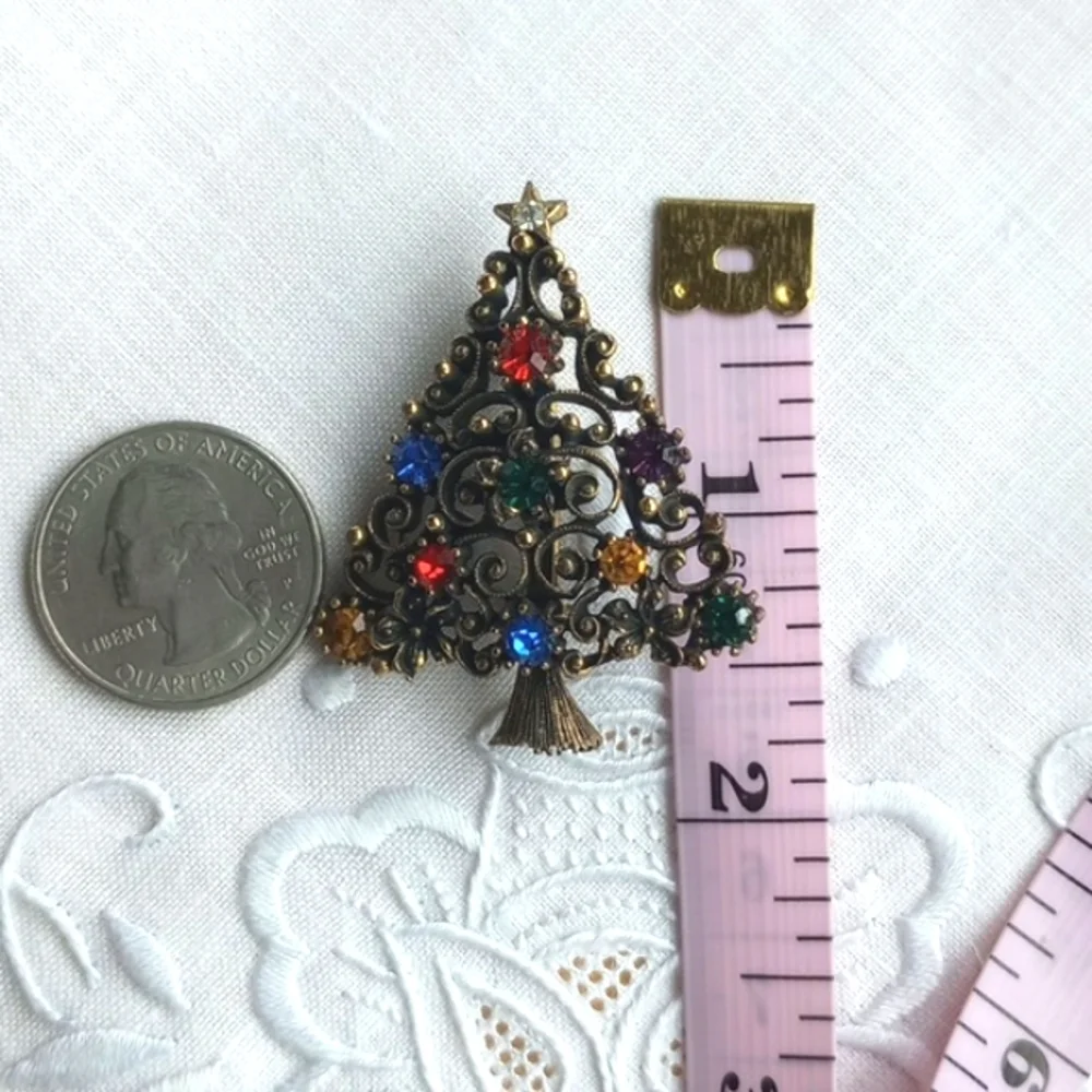 Vintage Jeweled Christmas Tree Brooch star, purple, red, blue, green stones